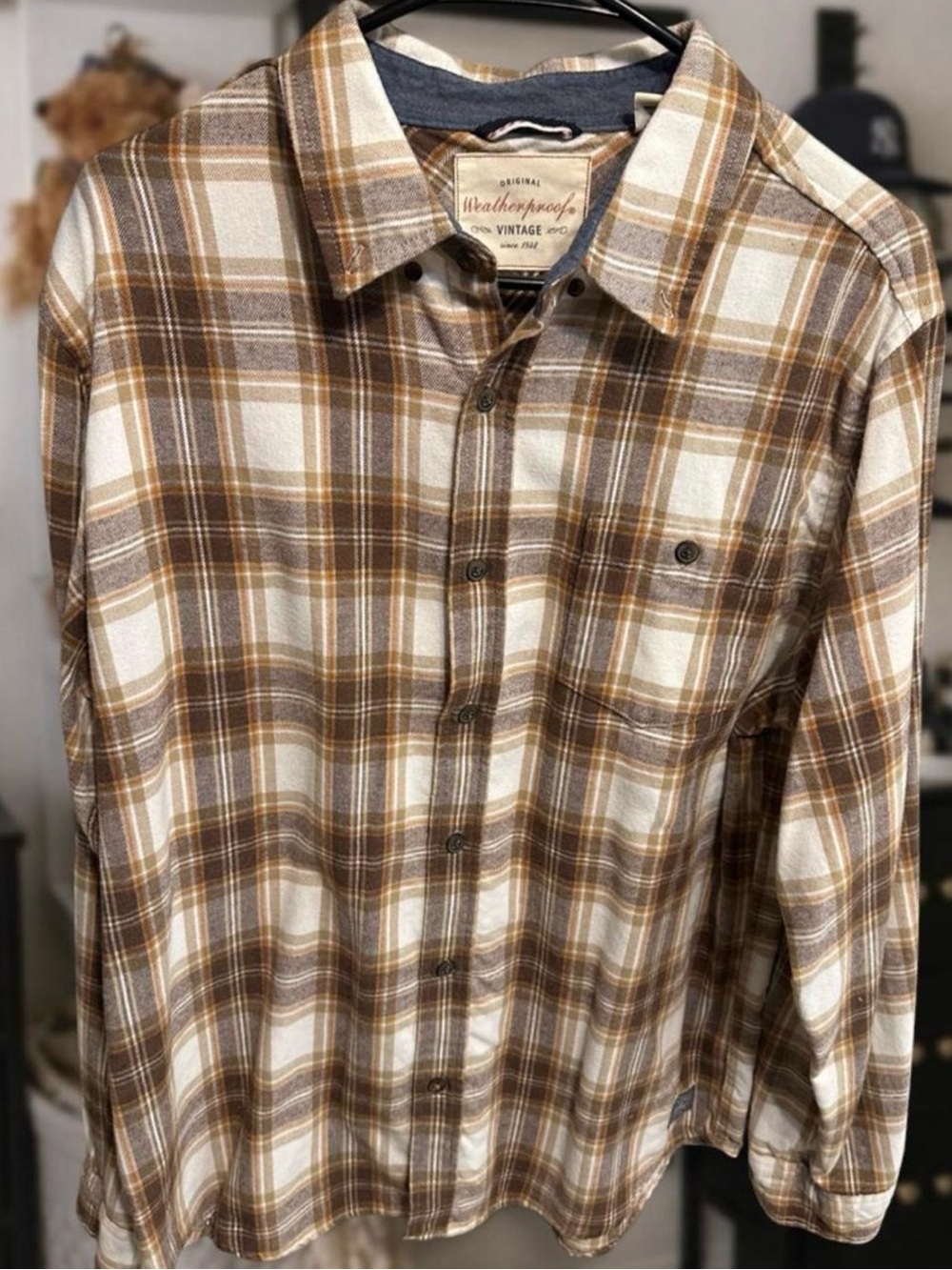 Weatherproof Brown and Cream Plaid Button-Down Shirt